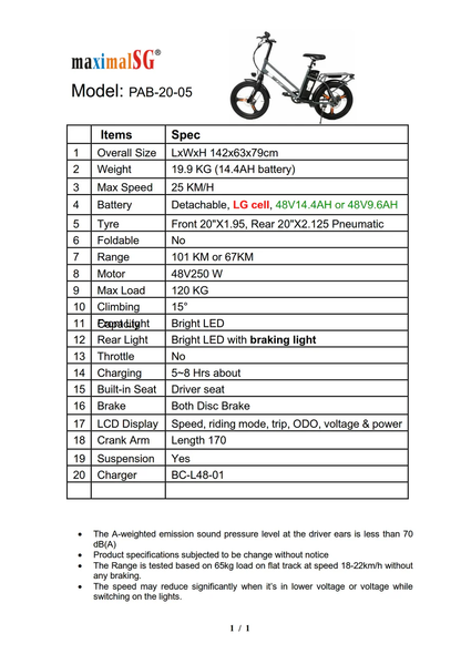 MAXIMALSG Ebike PAB 20 inch X20 48V Flexible LG cell