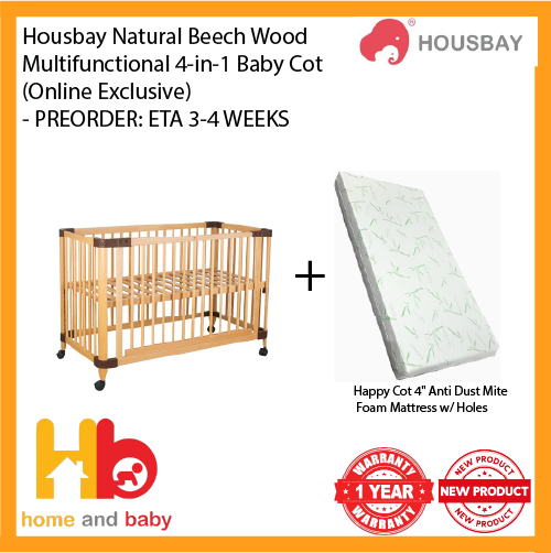Housbay Natural Beech Wood Multifunctional 4-in-1 Baby Cot (Online Exclusive) - PREORDER: ETA 3-4 WEEKS