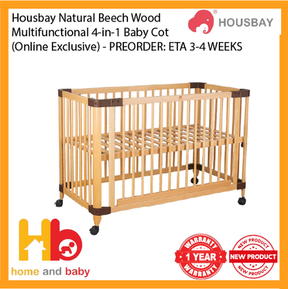 Housbay Natural Beech Wood Multifunctional 4-in-1 Baby Cot (Online Exclusive) - PREORDER: ETA 3-4 WEEKS